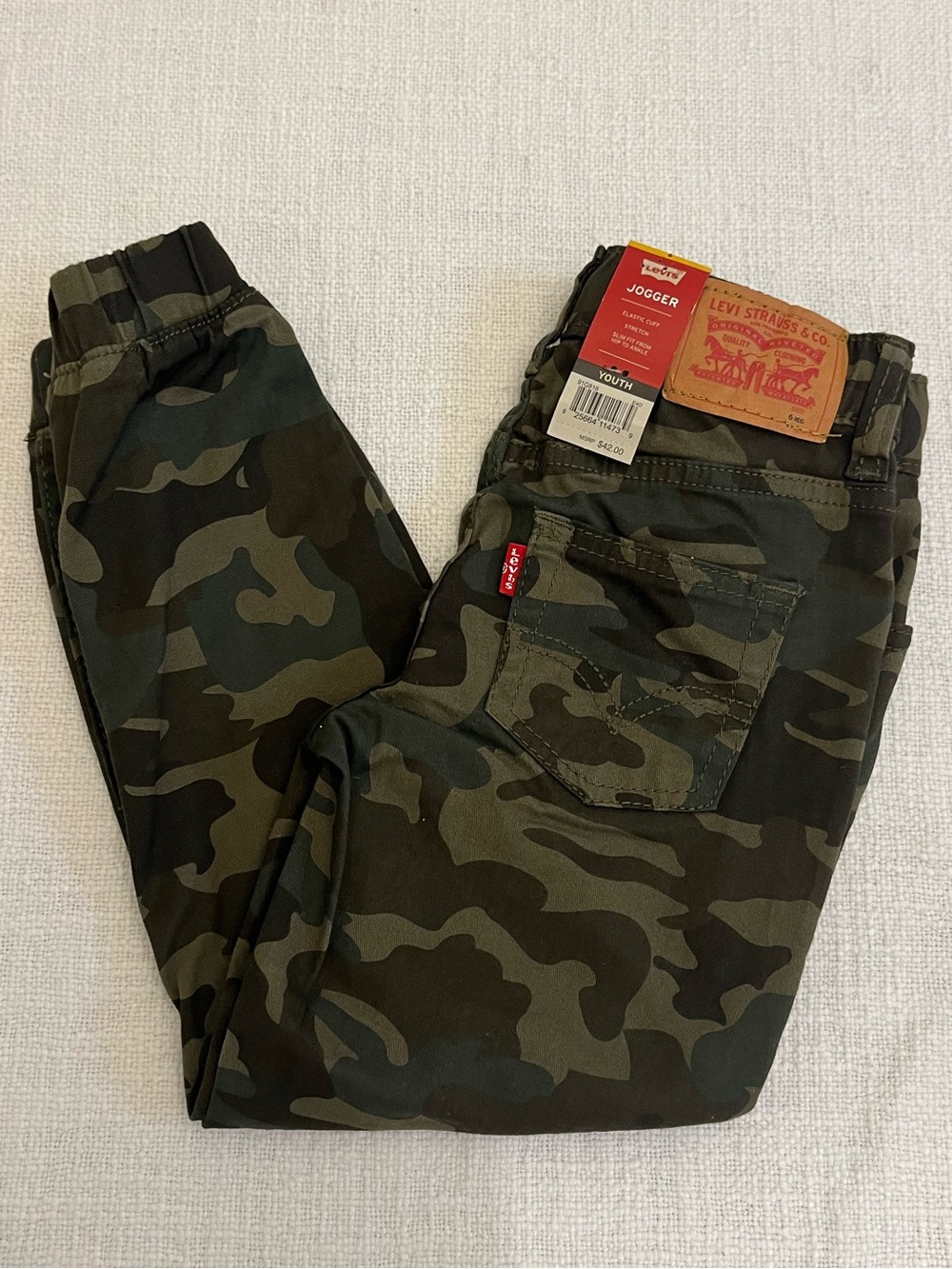 Levi's Youth 6 Boys Green/Black Camo Jogger Pants Slim Stretch Elastic Waist